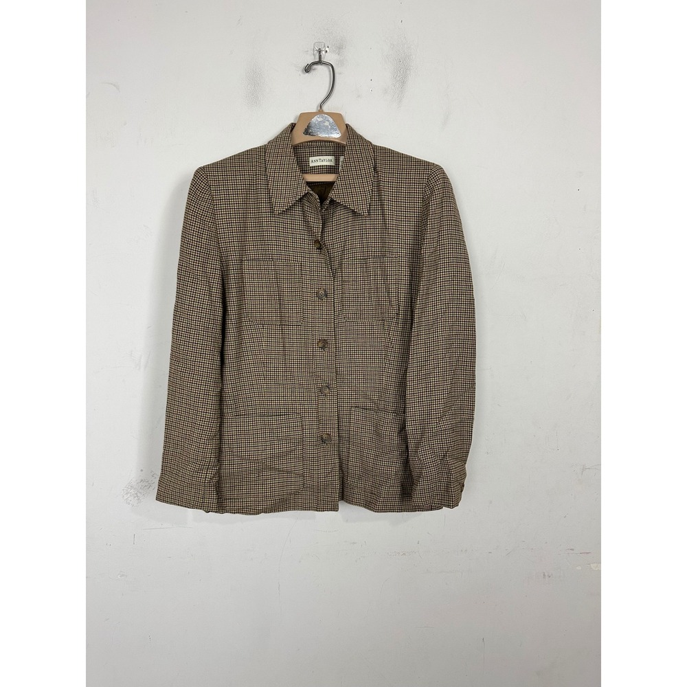 Ann Taylor Brown Houndstooth Wool Blend Field Jacket Womens 14 Button Front